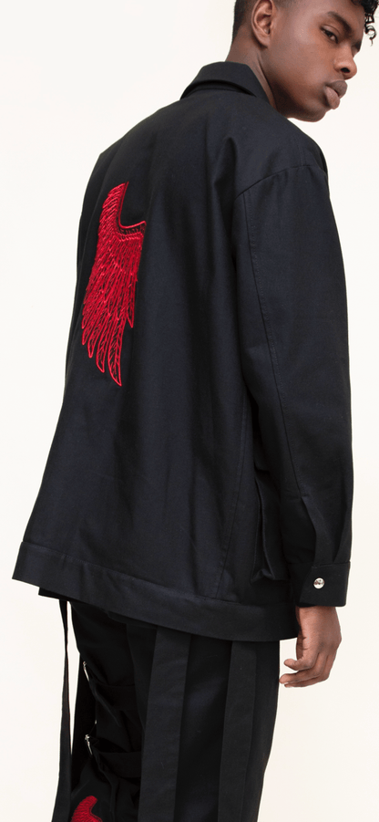 Black canvas work jacket .
